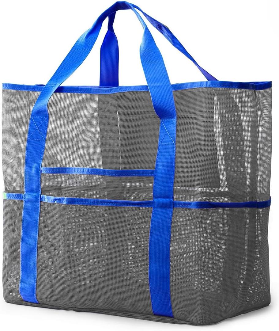 Mesh Beach Bag, Extra Large Beach Bags with 9 Pockets & Zipper Waterproof Lightweight Beach Tote for Beach/Pool Trip (Grey)