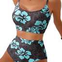 Herseas Women's Two Piece Swimsuits 2026 Swim Crop Spaghetti Strap Top High Cut Bikini Sets Modest Bathing Suit with Reversible Bottom Brown Floral Flattering Beach Outfits X-Small