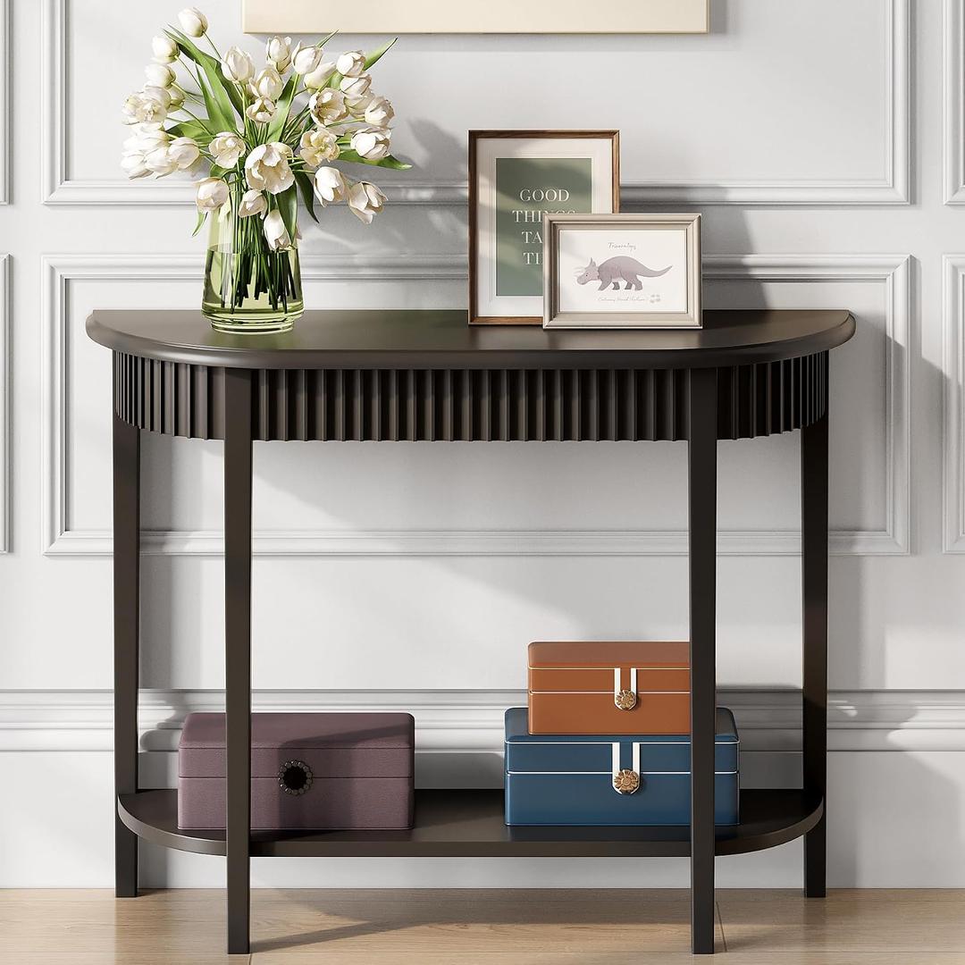 Black Half-Moon 2-Tier Console Table for Entryway, Living Room, Hallway, 37.41 inches x 31.5 inches x 13 inches