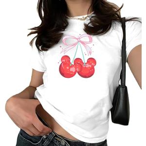 Pink Bow Cherries Shirt Women: Coquette Tops Clean Girl Aesthetic Shirts Casual Summer Short Sleeve Tshirt (Small, A-white-2)