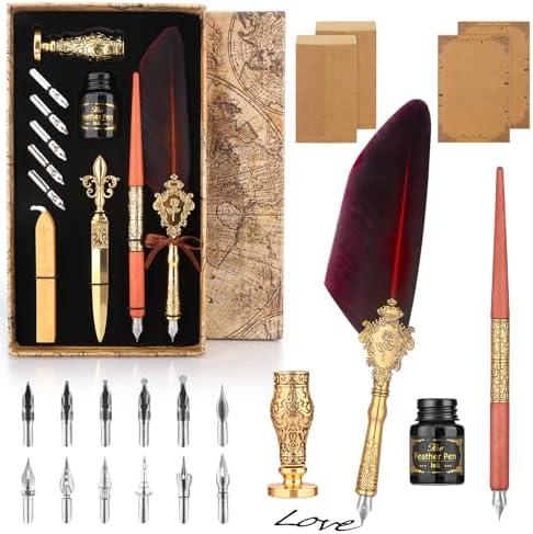 Feather Quill Pen and Ink Set 27Pcs Calligraphy Pens Fountain Pen Calligraphy Kits for Beginners, Stationary Set for Calligraphy, Writing, Sign, Christmas Gift