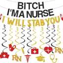 Funny Nurse Nursing Graduation Party Decorations, Glitter Black Gold Banner with Hanging Swirls, Congrats Nurse RN BSN Grad Birthday Party Decor Supplies