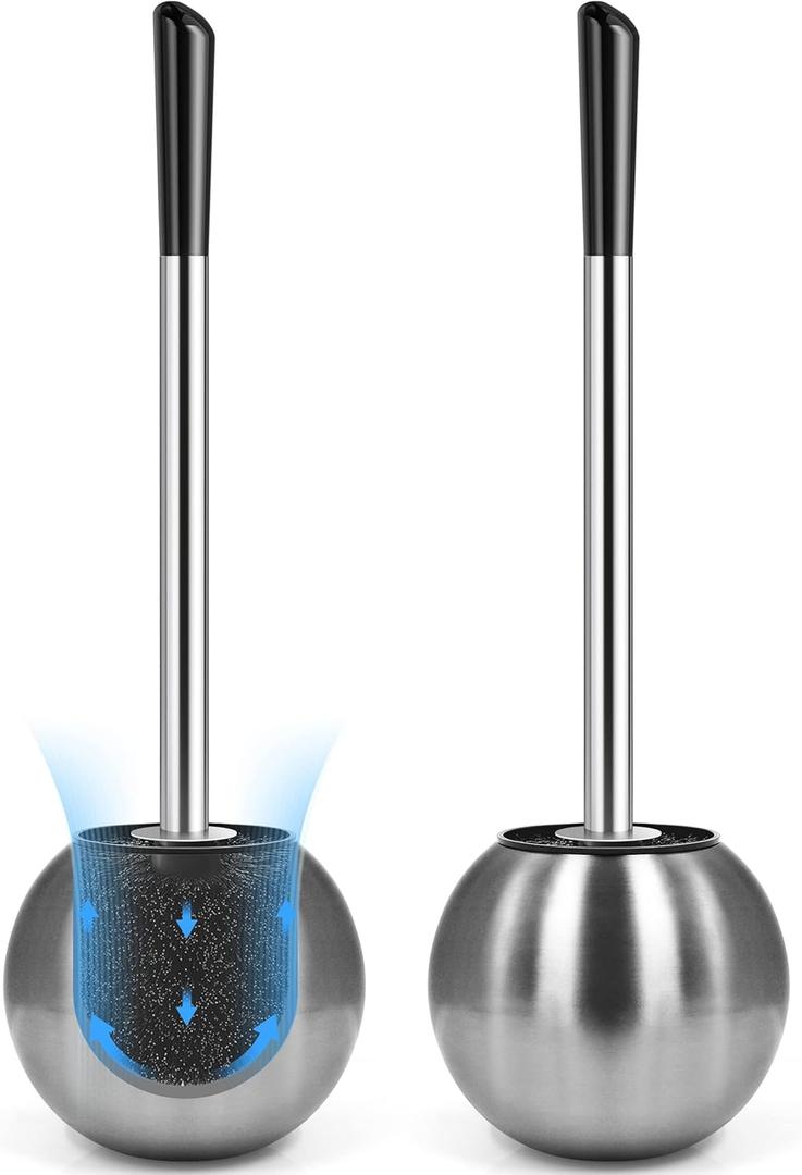 Toilet Brush and Holder 2 Pack, 304 Stainless Steel Toilet Brush with Extended and Durable Comfortable Brush Handle, Toilet Bowl Brush for Bathroom Toilet - Ergonomic, Pratical Durable (Silver)