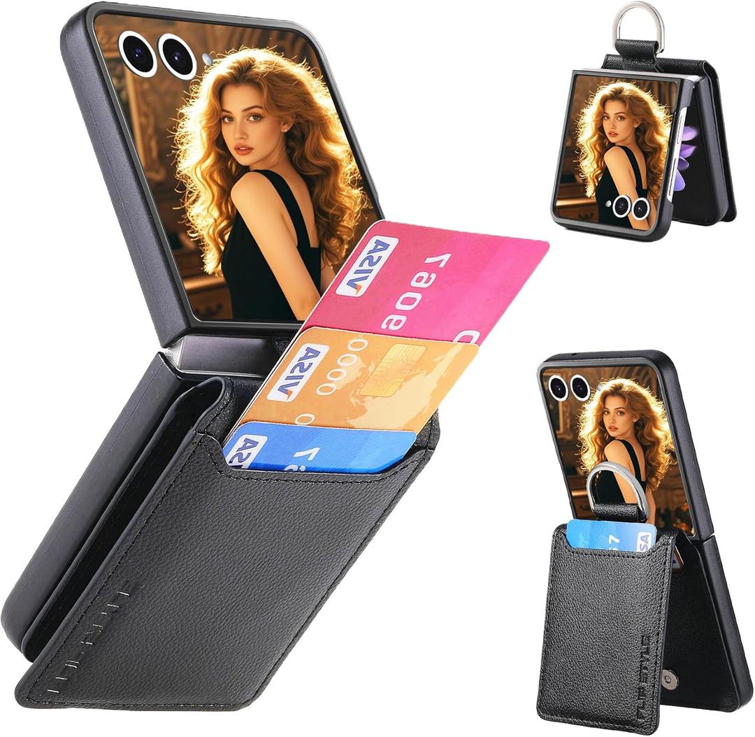 Wallet Case for Samsung Galaxy Z Flip 7 with 3 Card Slots Holder and Ring, Luxury PU Leather Kickstand Shockproof Protective Cover for Galaxy Z Flip7 LZQB Black