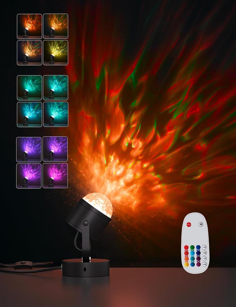 Joyzy Plug-in Dynamic Ocean Wave Table Lamp with Remote Water Ripple Night Light Projector for Room Party Christmas Decoration, Color Changing Ambient Lamps, Vivid Videography Projection (Black)