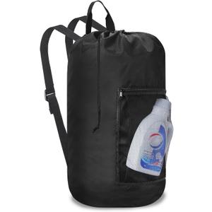 Laundry Bag Backpack Durable Laundry Bag with Shoulder Straps and Mesh Pockets Portable Laundry Dirty Clothes Hamper Bag for College Dorm (Black)