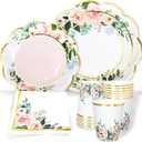 Whaline 100Pcs Pink Floral Paper Tableware Set Spring Flower Gold Foil Disposable Dinnerware Scalloped Plates Napkins and Cups for Wedding Birthday Baby Bridal Shower Party Supplies Table Decor