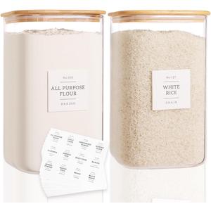CZZGSM 2 Pack Square Glass Flour and Sugar Containers with 132 Kitchen Pantry Labels - Thicken 149 FL OZ Large Glass Storage Jars with Airtight Bamboo Lid - Big Food Canisters for Rice, Pasta, Cookie