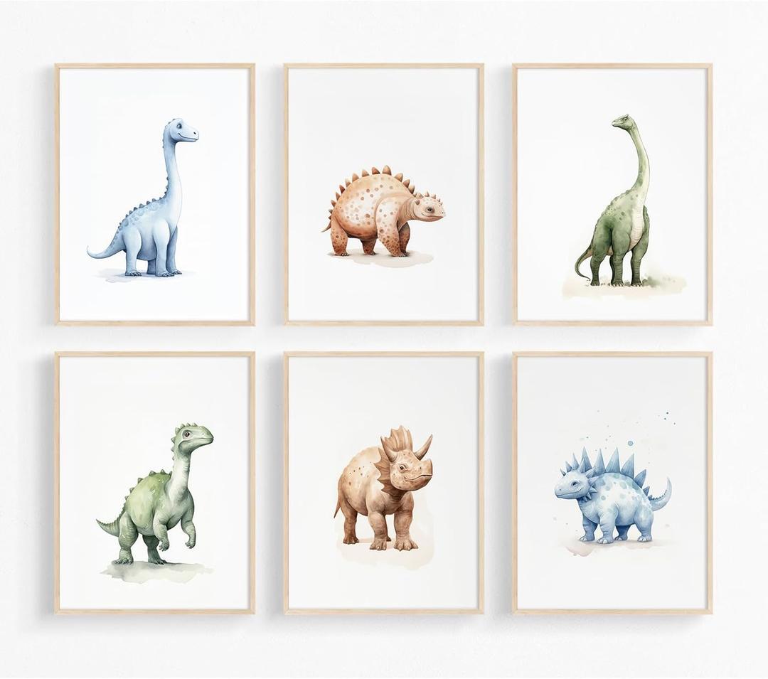 Youillne Dinosaur Watercolor Wall Art Decor Dino Boys Room Canvas Wall Art Nursery Kids Prints Toddler Dinosaur Poster Kids Artwork Nursery Pictures for Boys Room, 8x10 Inch, Ready to Hang, Set of 6