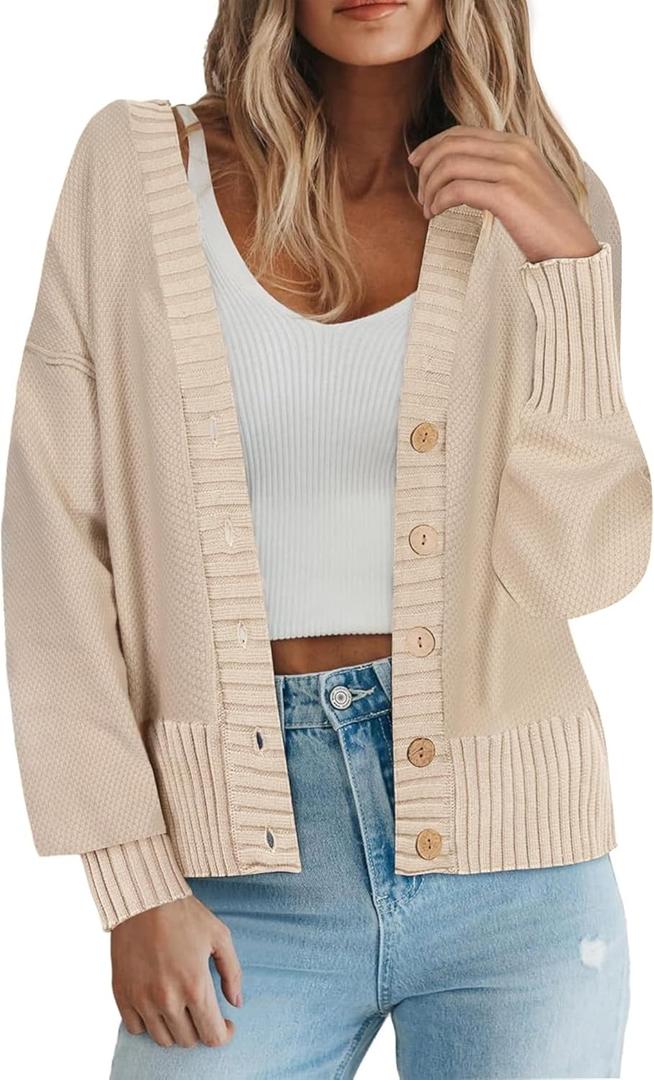 Zeagoo Women's Cardigan 2025 Fall Winter Open Front Oversized Button V Neck Loose Soft Knit Sweater (Large, Apricot)