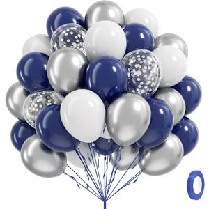 60pcs Navy Blue and Silver Balloons 12inch, Navy Blue and White Metallic Silver Confetti Balloons for Graduation Wedding Birthday Party Decorations