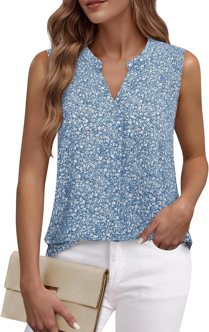 Timeson Women's Chiffon V Neck Sleeveless Blouse Tops Office Work Shirts (Blue, L)