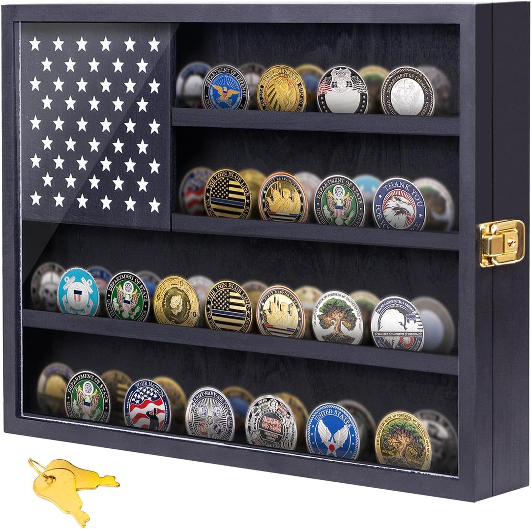 Military Challenge Coin Display Case, 14”x19” Wooden American Flag Medal Shadow Box, 2 Groove Shelves and Wall Mount (Black184)