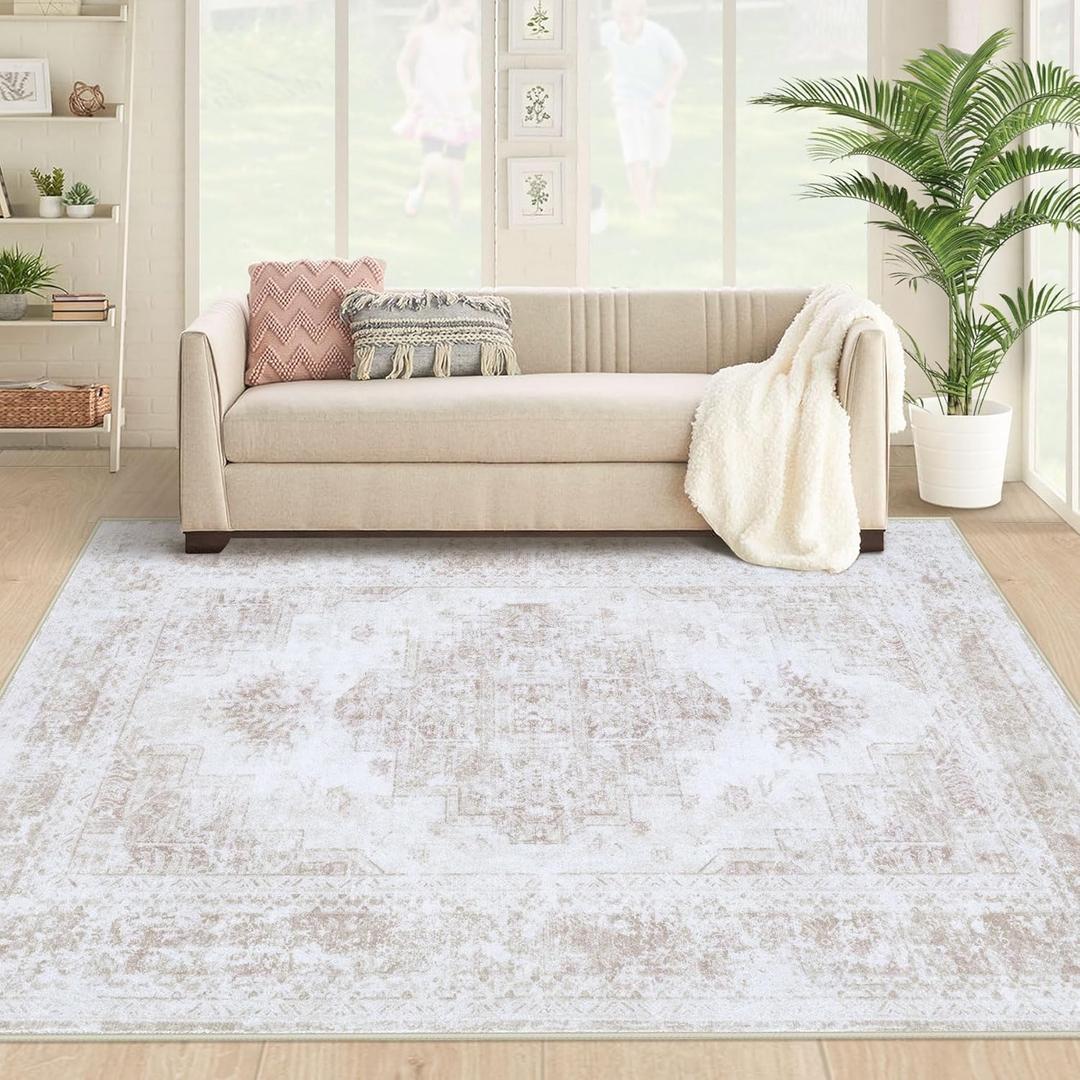 Area Rug 4x6 Vintage Rug, Machine Washable Vintage Distressed Medallion Rug Non-Slip Soft Low Pile Large Indoor Rugs for Bedroom Kitchen Dining Room Office(Beige,4'x6'), 2 Pack