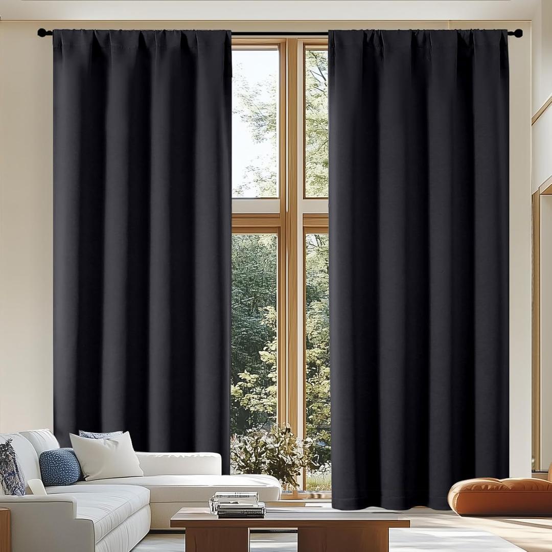 Simplebrand Ava Black Blackout Curtains for Patio 108 Inches Long 2 Panels Set, Solid Thermal Insulated Room Darkening Rod Pocket Window Treatment Curtains Blackout Drapes, W50 x L108 Inch, Black