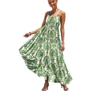 YESNO Summer Bohemian Floral Dresses for Women Spaghetti Straps Maxi Dress Casual Flowy Dresses with Pockets ES0 (Green, S)