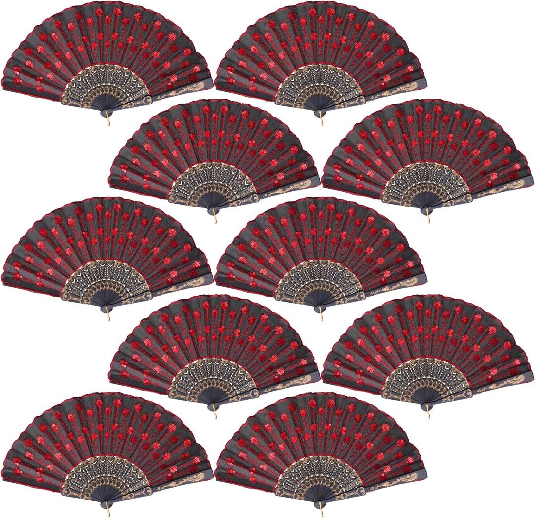 QIRMIZI 10 Pack Fabric Folding Handheld Fans, Perfect for Weddings, Parties, and Dancing, Red 