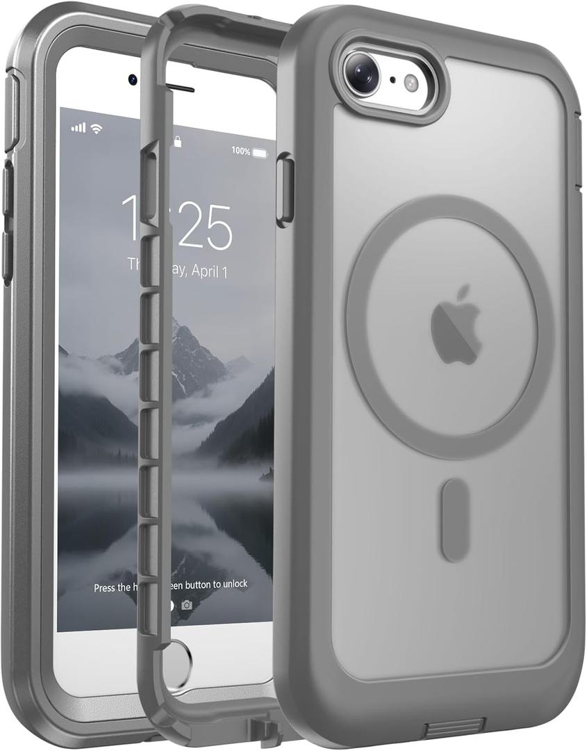 Magnetic for iPhone SE Case 3rd/2rd,iPhone 8/7 Case, [Compatible with MagSafe][Military Grade Drop Protection][Heavy Duty Protection][Non-Slip] 2-Layer Durable Bumper Phone Case 4.7''-Gray