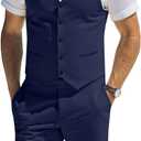 Men's Suit Linen 2 Piece Vests Short Pants Suits for Men Casual Summer Beach Groomsmen Wedding Waistcoat Set Outfit (Blue, XL)
