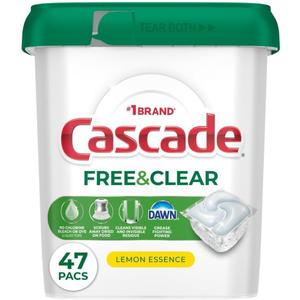 Cascade Free & Clear Dishwasher Pods, Dishwasher Detergent, Dish Detergent Soap, Lemon Essence, 47 Count