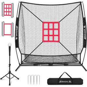 BAGAIL 7x7 ft Baseball & Softball Practice Net with Bow Frame for Batting, Hitting, Pitching, Portable Baseball Throwing Net with 2 Strike Zone Batting Tee, Carry Bag, Great for All Levels (Black)