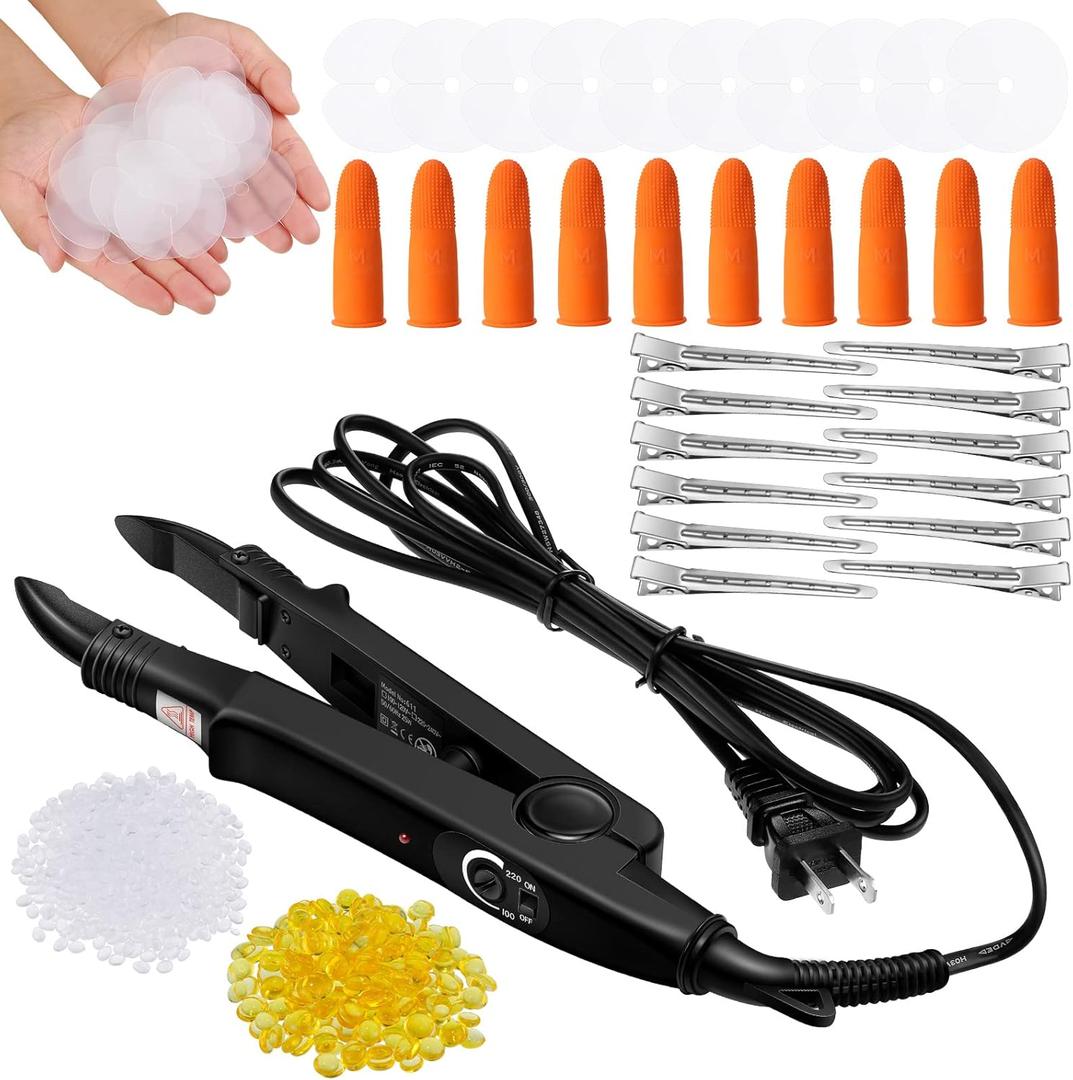 Keratin Hair Extension Kit: Heat Iron, Keratin Glue Granules, Protector Templates, Hair Clips, and Finger Protector(Black)