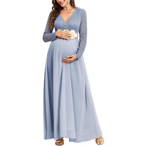 CYCLAMEN Maternity Dress Flowy A-Line Wrap Gown with Floral Lace and Contrast Chiffon Long Sleeve V Neck for Baby Shower, M