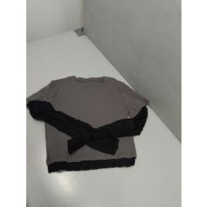 BAIGRAM Women Sheer Mesh Lace Sleeve Layered Shirt with Thumb Holes Color Block Long Sleeve Crop Tops Going Out Y2K Dark Grey Medium