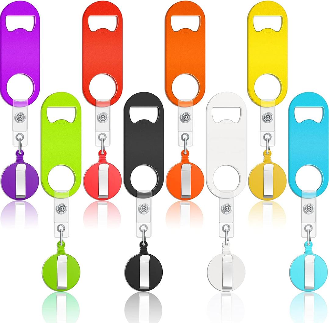 Honoson 8 Pieces Retractable Bottle Opener Bartender Flat Beer Opener with Round Badge Reel Clips Holder for Kitchen Restaurant Home Supplies Party Gifts (Classic,Multicolor)