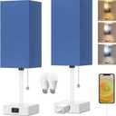 Table Lamp for Bedroom set of 2,3-Color Bedside Lamps with Pull Chain Table Lamps for Nightstand with AC Outlets,Small Night Light Lamps with 2 Bulbs Lamps for Living Room Kids Room Office DecorBlue (15inch)