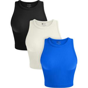 OLCHEE Womens 3 Pack Crop Tank Tops Basic Seamless Ribbed Round High Neck Racerback Workout Top Summer Causal Yoga Gym Shirts L