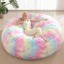 7FT Giant Fur Bean Bag Chair Cover, Ultra Soft Rainbow Bean Bag Chairs for Adults (No Filler, Cover only), Big Round Soft Fluffy Faux Fur Bean Bag Lazy Sofa Bed Cover, Washable Big Size Bean Bag Cover