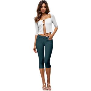 Hybrid & Company Womens Hyper Ultra Stretch Comfy Skinny Leg 3 Button Wide Waist Work Casual Pants (S)