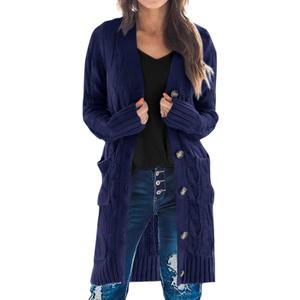 PRETTYGARDEN Long Sleeve Cable Knit Long Cardigan for Women 2026 Spring Winter Chunky Open Front Button Sweaters with Pockets (Blue, XL)