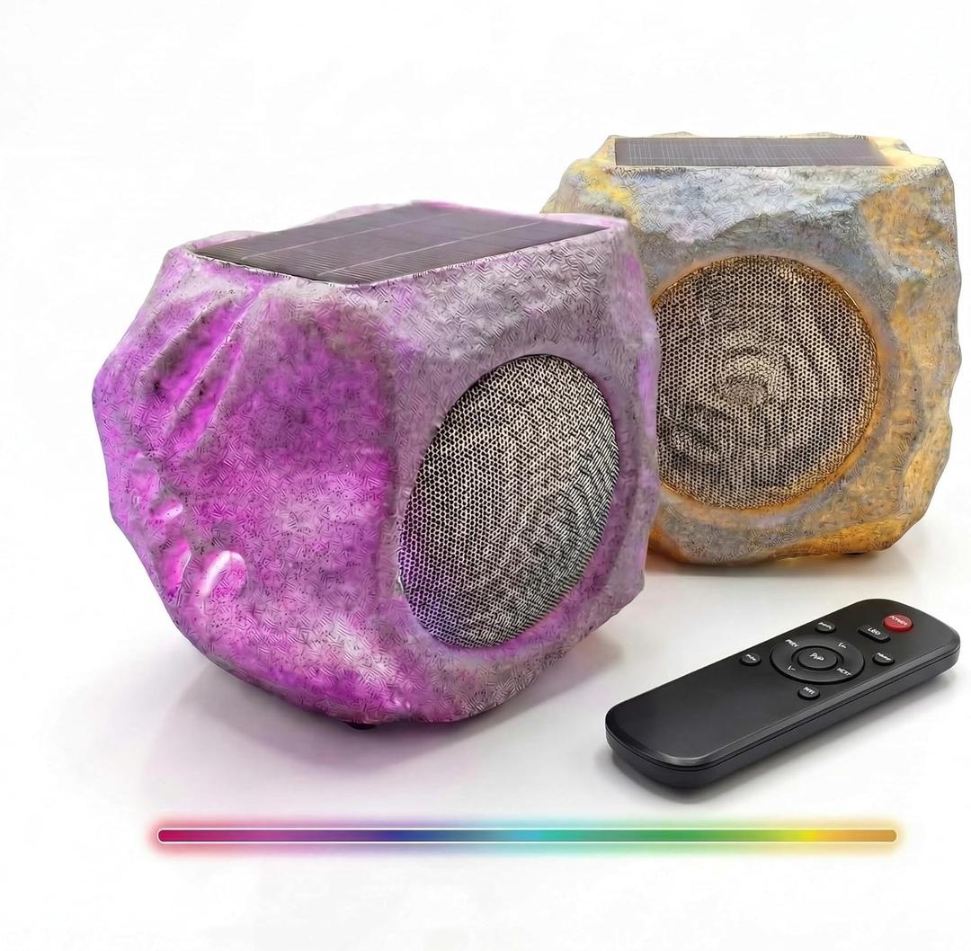 Solar Powered Outdoor Rock Speaker 4.5 Inch Peak 80W Deep Bass  22 Hr Playtime Multi-Sync 200 Speakers, Bluetooth 5.4 Stereo 120 FT Rang,Remote Control/IPX65 for Garden Pool 2-Pack (Colorful)