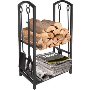 ATR ART TO REAL Firewood Log Rack Fireplace Tool Sets Black Wrought Iron Firewood Storage Holder Fireplace Wood Carrier Fireside Lumber Stacking Log Bin Brush Shovel Poker Tongs 17.8 x 11.8 x 29.3in