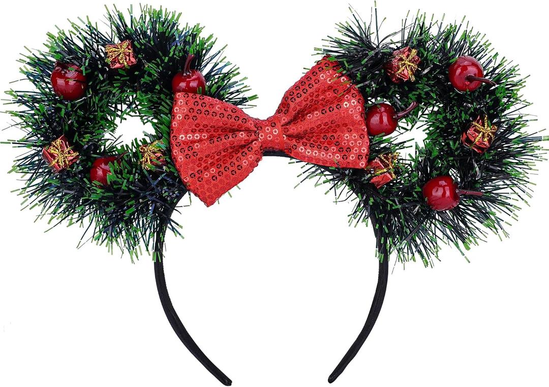 Dark Green Christmas Mouse Ear Headband With Bow And Led Light -Christmas Headband With Apple Red Bow Element For Women Girls Xmas Party Costume Play, Dark Green Ears