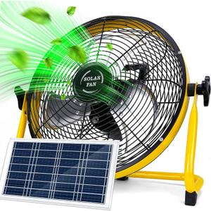 DBF 12" Solar Powered Fan, 15000 mAh Rechargeable Battery Operated Outdoor Floor Fan, 20W Solar Panel, 4-24H Runtime, 12 Speeds, Quiet, Cordless, Heavy Duty Metal Blade for Camping Home Outage, Yellow, 12 IN - Button-Yellow