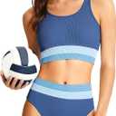 Lovekider Girls Swimsuits 9-16 Years 2 Piece Athletic Bathing Suit Set Teen Color Block Ribbed Bikini with Adjustable Straps, Dark Blue