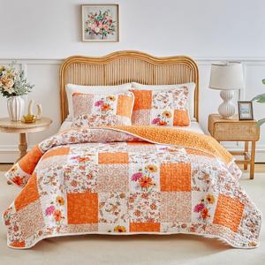 Joyreap 3 Pieces Floral Patchwork Quilt Set Queen, Orange n White Flowers Design, Smooth Soft Microfiber Quilt, Bedspread Bed Cover for All Season- 90x90 inches