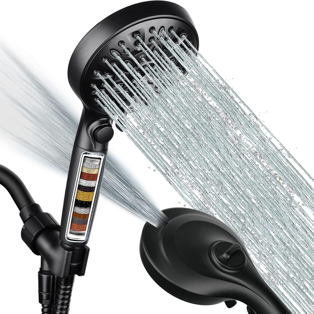 Filtered Shower Head with Handheld, 9 Spray Modes 2.5GPM High Pressure Showerhead with ON OFF Pause Switch, 15 Stage Water Softener Filter for Hard Water Remove Chlorine and Harmful Substances (Black)