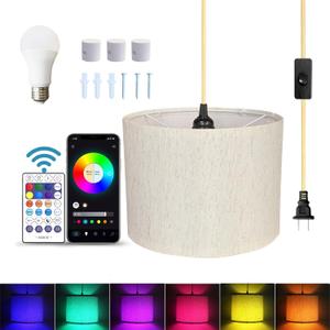 15FT Plug in Pendant Light, Hanging Lamp with Switch, Flaxen Hanging Lights with Plug in Cord, Pendant Lamp with Remote ControlPendant Light Fixture for Living Room Bedroom Farmhouse