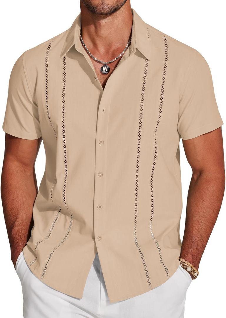 COOFANDY Men's Cuban Guayabera Shirt Short Sleeve Button Down Shirts Casual Summer Beach Linen Shirts (White)