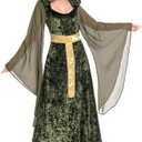 awlnany Womens Medieval Dress Hooded Costume Green Black Lace Up Renaissance Cloak Vintage Long Velvet Gown Dress Halloween,L