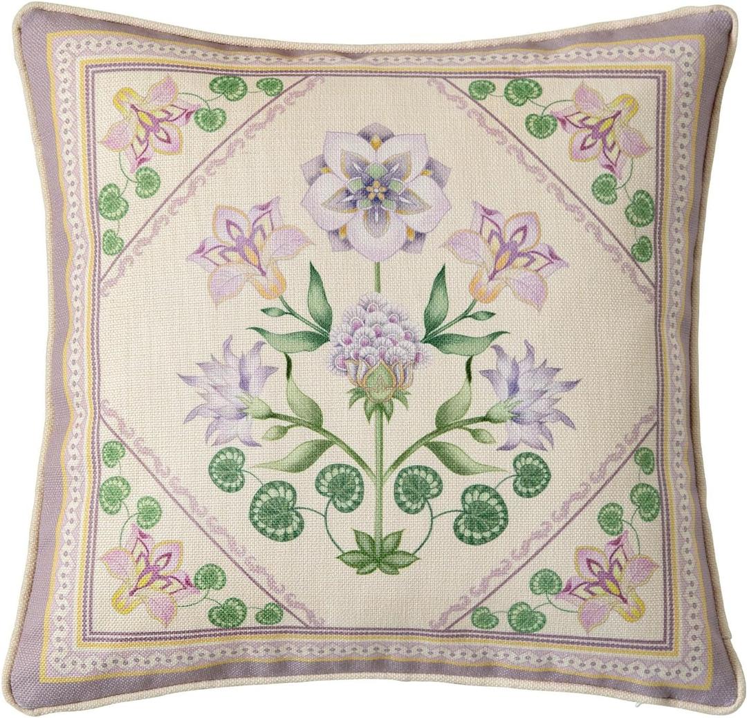Spring Floral Block Print Pillow Cover, Euro Shams Decorative Lavender Pillow Covers 18x18 for Couch Sofa Bed Living Room, Purple Bloom