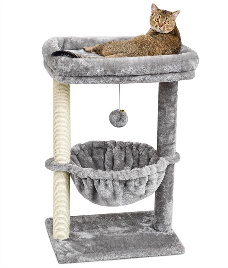 SYANDLVY Small Cat Tree for Indoor Cats, Activity Cat Tower with Scratching Post for Kittens, Cat Bed & Furniture with Basket & Hanging Ball for Play Rest (Light Grey)