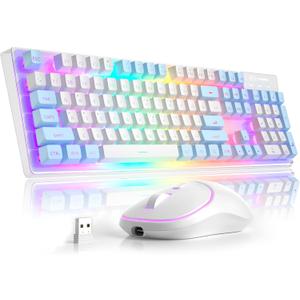 MageGee V550 Wireless Gaming Keyboard and Mouse, 2.4G Full-Sized RGB LED Computer Keyboards with Transparent Shell, Rechargeable Quiet Cordless Mouse & Keyboard Combo for Laptop/PC (Blue & White)