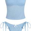 ZAFUL 2026 Tankini Swimsuits for Women Mesh Hollow-Out Tank Style Bow Knotted Decor Tie Side High Cut Tankini Set (Blue, XL)