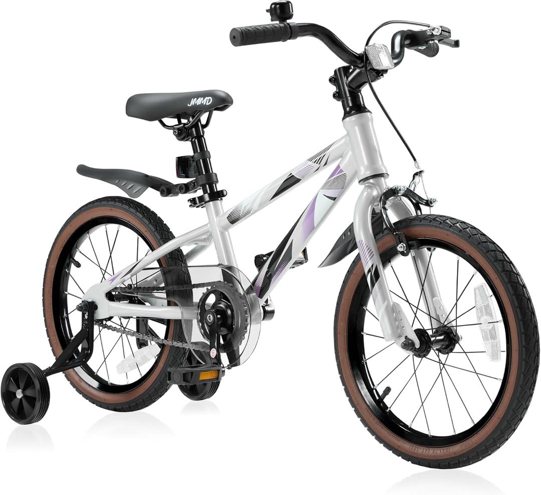 JMMD Kids Bike for Ages 4-12 Years Old Boys Girls, 14 16 18 Inch Kids Bike with Training Wheels & Kickstand, Kids Bicycle for Toddlers and Kids with Handbrake (silverpurple)
