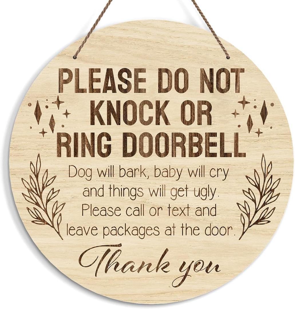 Baby Sleeping Sign for Front Door, Do Not Knock or Ring Doorbell Door Decorations, Rustic Wooden Hanging Sign for Farmhouse Porch Nursery, Wood Door Hanger for Outdoor, Kids Room Wall Decor -39